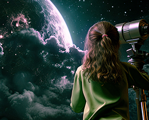Child with a telescope with space, stars and a planet in the background