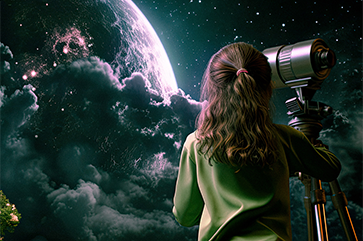 Child with a telescope with space, stars and a planet in the background