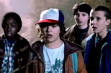 From left to right: Caleb McLaughlin, Gaten Matarazzo, Finn Wolfhard and Millie Bobby Brown in scene from Netflix’s “Stranger Things”