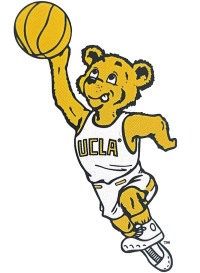 An illustration of a gold Joe Bruin in a white basketball uniform from the 1970s.