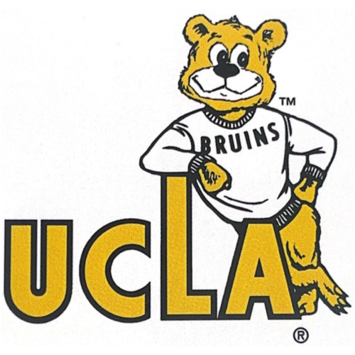 An illustration of a gold Joe Bruin in a white sweater leaning against a yellow illustration of "UCLA," with an elongated "L."