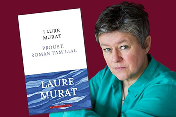 Portrait of Laure Murat in a greet shirt alongside an image of her book cover, against a burgundy and blue background.