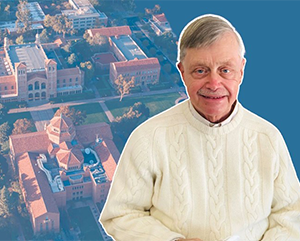 Composite of Tom Lifka in an off-white sweater with view of campus from above