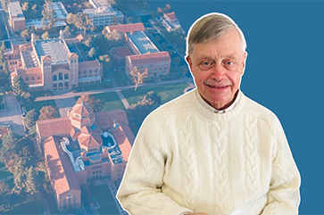 Composite of Tom Lifka in an off-white sweater with view of campus from above