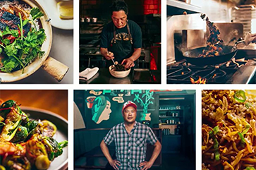 photo collage of chefs cooking and plates of food