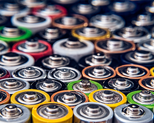 The tops of an array of colorful disposable batteries