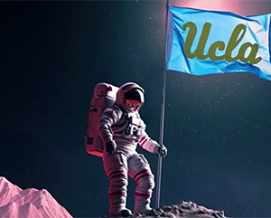 an astronaut in space with a flag that reads "UCLA"