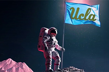 an astronaut in space with a flag that reads "UCLA"