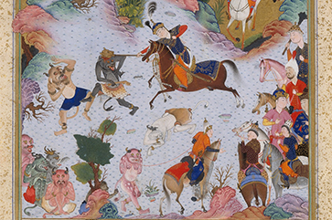 Artwork showing person on a horse defeating demons