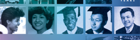 Displayed in three rows, eleven photographs of UCLA College alums. On display in the upper-right hand side, in white lettering, the words "UCLA College 100 Years," and on the lower-left hand side, also in white lettering, "100 and Me."