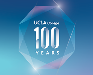 An illustration of three-dimensional cube against a blue gradient background and in the center superimposed in white, the words "UCLA College 100 Years."