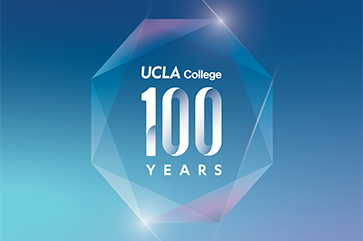 An illustration of three-dimensional cube against a blue gradient background and in the center superimposed in white, the words "UCLA College 100 Years."