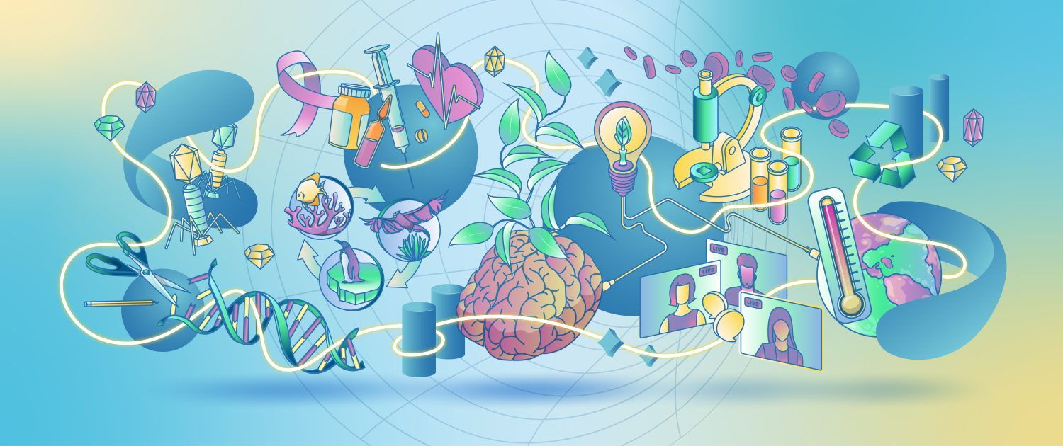 An illustration of a pencil, scissors, a DNA molecule, a fish, a bird, a penguin, medical supplies, a heart, a brain, leaves, a light bulb, a microscope, laboratory testing tubes, three screens depicting people in a virtual meeting, a thermometer, planet Earth and a recycling sign in front of a blue and yellow background.