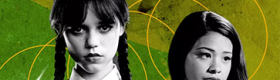 A composite image of black and white portraits of Jenna Ortega and another Latina actress against a green and yellow background.