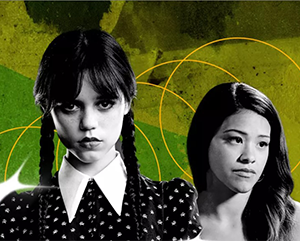 A composite image of black and white portraits of Jenna Ortega and another Latina actress against a green and yellow background.