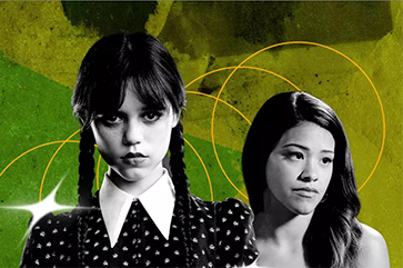 A composite image of black and white portraits of Jenna Ortega and another Latina actress against a green and yellow background.