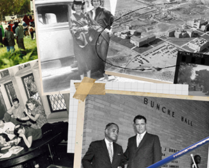 A black and white photo collage of (going clockwise) of a black and white aerial photograph of UCLA's Westwood campus taken in the 1930s, a black and white photograph of Charles E. Young, onlookers, and two people in bear costumes, of Ralph Bunche with a man in a suit in front of "Bunche Hall," a building named in honor of him on 1969, A black and white photograph of student staff members of the Daily Bruin in the 1950s posing for a humorous group shot, Students at a rally on Dickson Plaza to demand departmental status for Chicano studies in 1993.