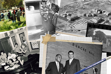 A black and white photo collage of (going clockwise) of a black and white aerial photograph of UCLA's Westwood campus taken in the 1930s, a black and white photograph of Charles E. Young, onlookers, and two people in bear costumes, of Ralph Bunche with a man in a suit in front of "Bunche Hall," a building named in honor of him on 1969, A black and white photograph of student staff members of the Daily Bruin in the 1950s posing for a humorous group shot, Students at a rally on Dickson Plaza to demand departmental status for Chicano studies in 1993.