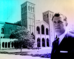 Chancellor Charles E Young stands outside of Royce Hall, 1968.