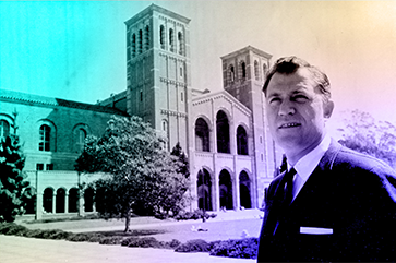 Chancellor Charles E Young stands outside of Royce Hall, 1968.