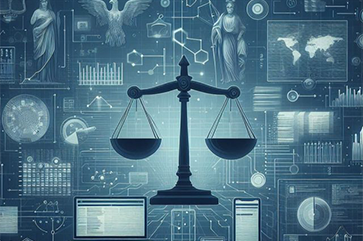 Illustration showing scales of justice, computer devices and data visualizations