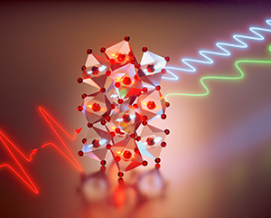 Illustration of magnons, laser pulse through a crystal structure of yttrium alloy