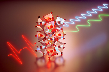 Illustration of magnons, laser pulse through a crystal structure of yttrium alloy