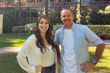 Mariam Janvelyan, left, Benjamin Lewis standing outside