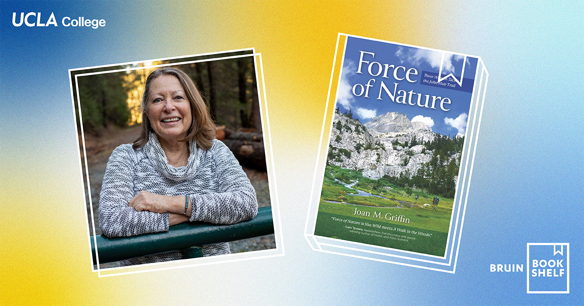 A composite image of a photograph of Joan Griffin and the cover of her book 'Force of Nature' against a blue and yellow background. 