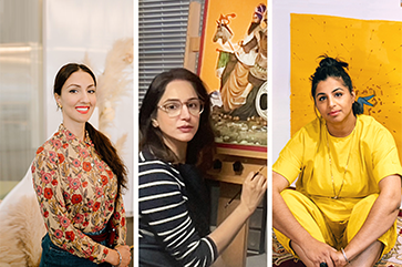 From left: collage of artists Keerat Kaur, Saira Wasim and Rupy C. Tut