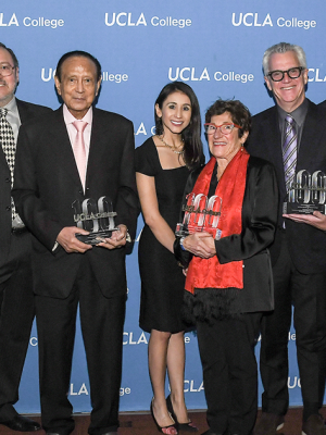 Left to right: UCLA Professor Michael Emmerich (accepting the award on behalf of Tadashi Yanai), Alexandra Minna Stern, Miguel A. Garcia-Garibay, Mani L. Bhaumik, Adriana Galván, Marcie Rothman, Matthew Harris, Abel Valenzuela, Peter Taylor and Tracy Johnson at the UCLA College 100 celebration.