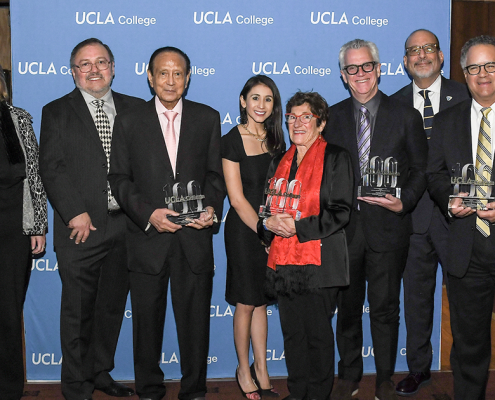 Left to right: UCLA Professor Michael Emmerich (accepting the award on behalf of Tadashi Yanai), Alexandra Minna Stern, Miguel A. Garcia-Garibay, Mani L. Bhaumik, Adriana Galván, Marcie Rothman, Matthew Harris, Abel Valenzuela, Peter Taylor and Tracy Johnson at the UCLA College 100 celebration.