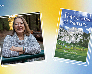 A composite image of a photograph of Joan Griffin and the cover of her book 'Force of Nature' against a blue and yellow background.