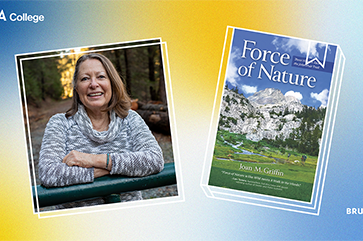 A composite image of a photograph of Joan Griffin and the cover of her book 'Force of Nature' against a blue and yellow background.
