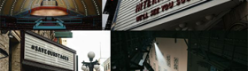 Collage of photos showing empty theater interiors and theater marquees during the COVID pandemic