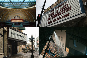 Collage of photos showing empty theater interiors and theater marquees during the COVID pandemic