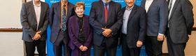 From left to right, a photograph of Michael Waterstone, Robin D. G. Kelley, Renee Luskin, Lonnie G. Bunch III, Meyer Luskin, Miguel García-Garibay and Abel Valenzuela.