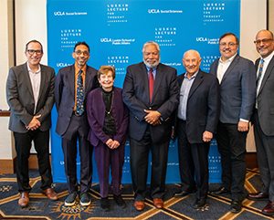 From left to right, a photograph of Michael Waterstone, Robin D. G. Kelley, Renee Luskin, Lonnie G. Bunch III, Meyer Luskin, Miguel García-Garibay and Abel Valenzuela.