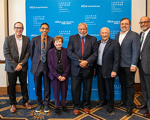 Luskin+Lecture+group-363-241 From left to right, a photograph of Michael Waterstone, Robin D. G. Kelley, Renee Luskin, Lonnie G. Bunch III, Meyer Luskin, Miguel García-Garibay and Abel Valenzuela.