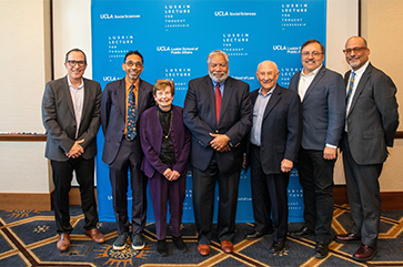 From left to right, a photograph of Michael Waterstone, Robin D. G. Kelley, Renee Luskin, Lonnie G. Bunch III, Meyer Luskin, Miguel García-Garibay and Abel Valenzuela.