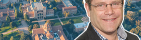 A composite image of Sean Astin against an aerial photograph of UCLA's campus.