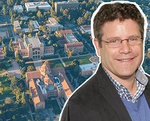 A composite image of Sean Astin against an aerial photograph of UCLA's campus.