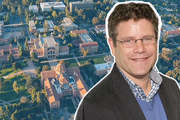 A composite image of Sean Astin against an aerial photograph of UCLA's campus.