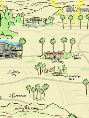 An animated illustrated map of UCLA's presence in the greater Los Angeles area, i.e., "UCLA Westwood," "UCLA Downtown," "UCLA South Bay," "UCLA Research Park"