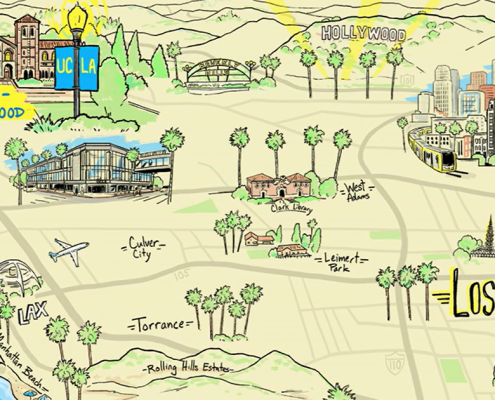 An animated illustrated map of UCLA's presence in the greater Los Angeles area, i.e., "UCLA Westwood," "UCLA Downtown," "UCLA South Bay," "UCLA Research Park"