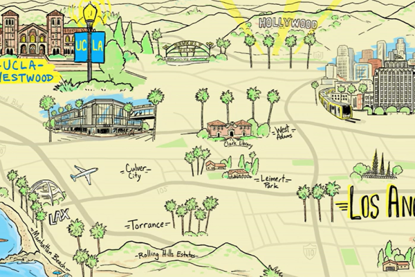 An animated illustrated map of UCLA's presence in the greater Los Angeles area, i.e., "UCLA Westwood," "UCLA Downtown," "UCLA South Bay," "UCLA Research Park"