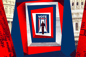 An illustrated "vote fun house" consisting of red, white and blue rectangles teetering left and right with a man standing in front of a voting booth in the center.
