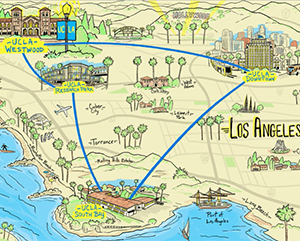 an animated illustrated map of UCLA's presence in the greater Los Angeles area, i.e., "UCLA Westwood," "UCLA Downtown," "UCLA South Bay," "UCLA Research Park"