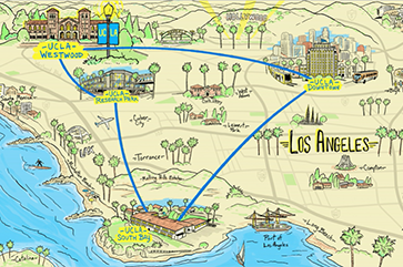 an animated illustrated map of UCLA's presence in the greater Los Angeles area, i.e., "UCLA Westwood," "UCLA Downtown," "UCLA South Bay," "UCLA Research Park"
