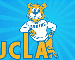 An illustration of a gold Joe Bruin in a white sweater leaning against a yellow illustration of "UCLA," with an elongated "L."